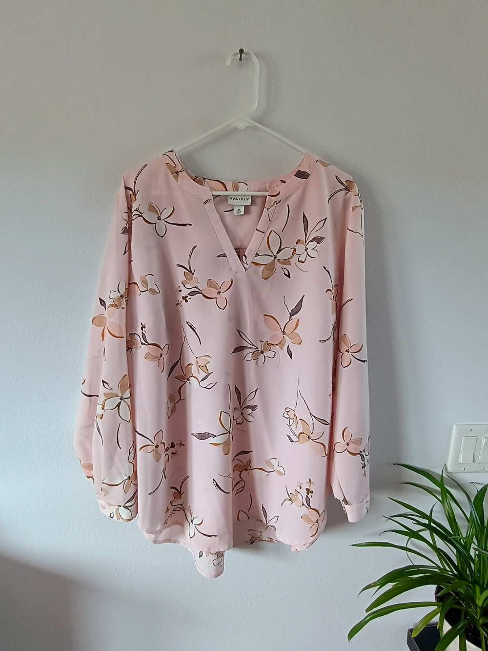 Ava & Viv Floral Blouse 2X Plus Size Pink Botanical Long Sleeve Flowy Workwear